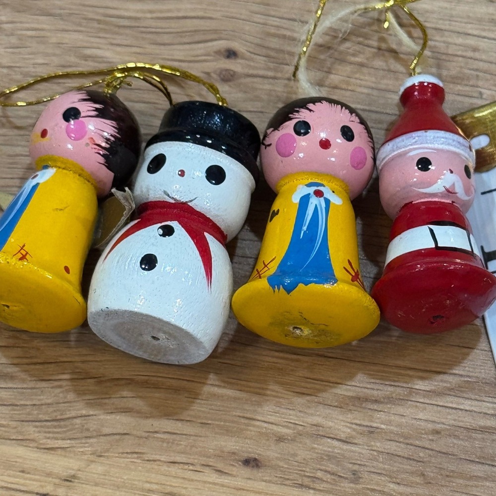 Vintage Mini Hand Painted Wood Christmas Ornaments Set 4 Angel Snowman Santa